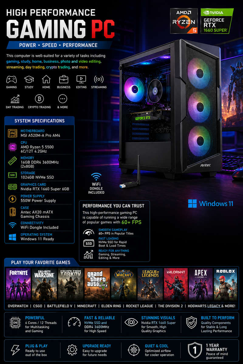 Rosa Tech "Shadow Bolt" Ryzen 5 5500 1660 Super Gaming pc
