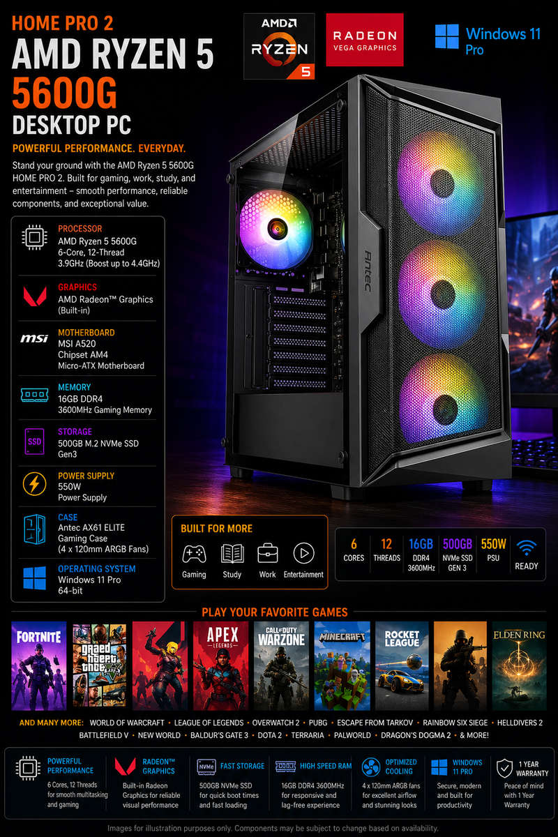 AMD Ryzen 5 5600G HOME PRO 2 Windows 11 pro Desktop PC
