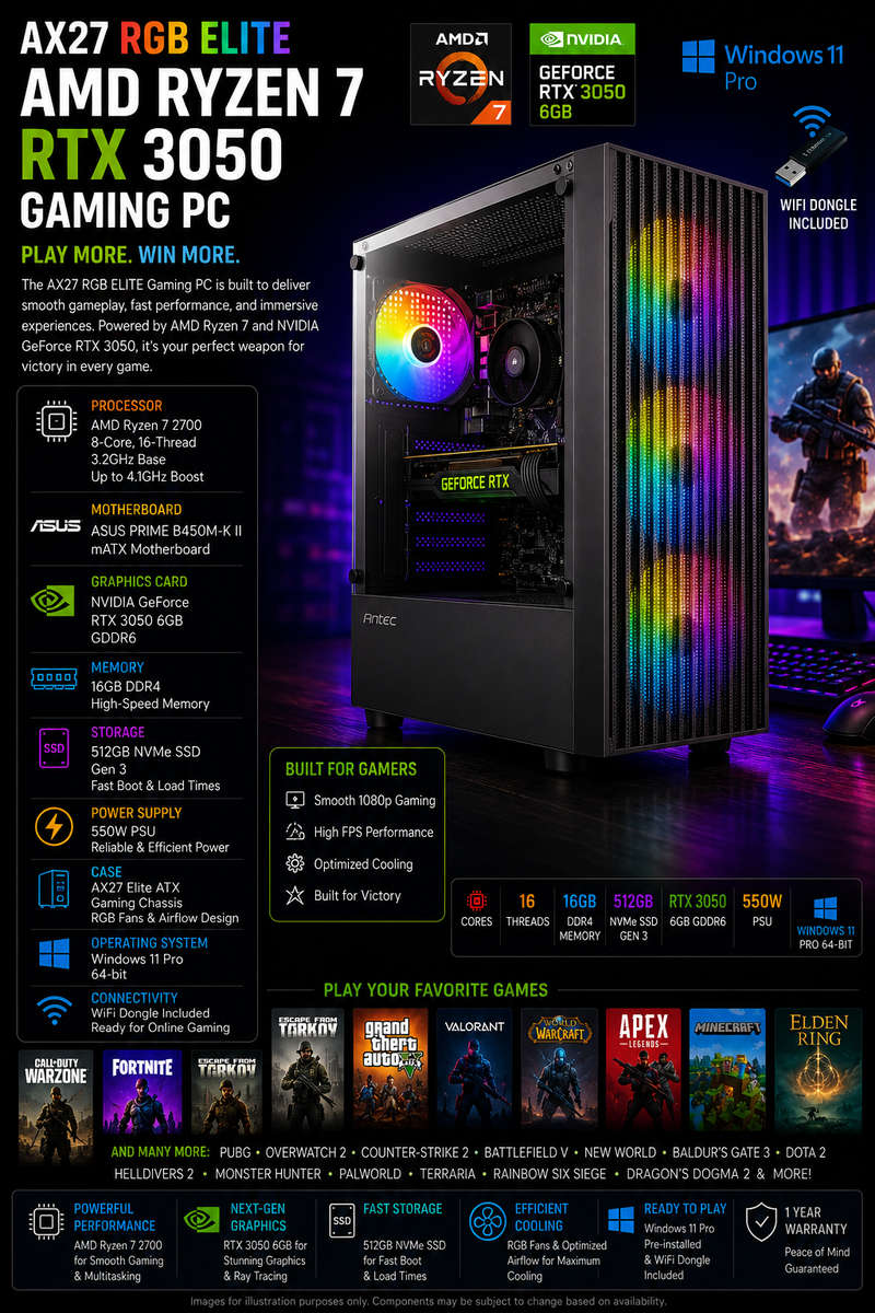 AX27 RGB ELITE AMD Ryzen 7 RTX 3050 Gaming PC