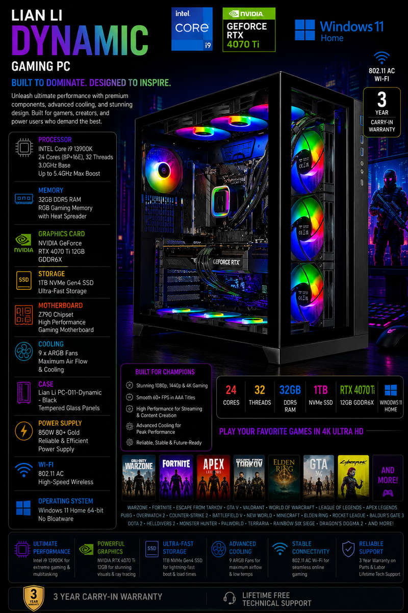 Rosa Tech Gaming Prism II PC Desktop  Intel Core i9 13900K 3.0 GHz, NVIDIA RTX 4070 Ti, 1TB NV...