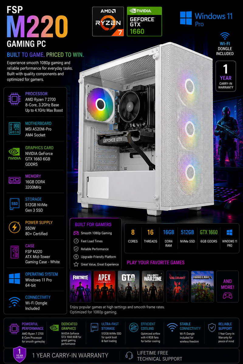 White M220 AMD Ryzen 7 1660 Gaming PC