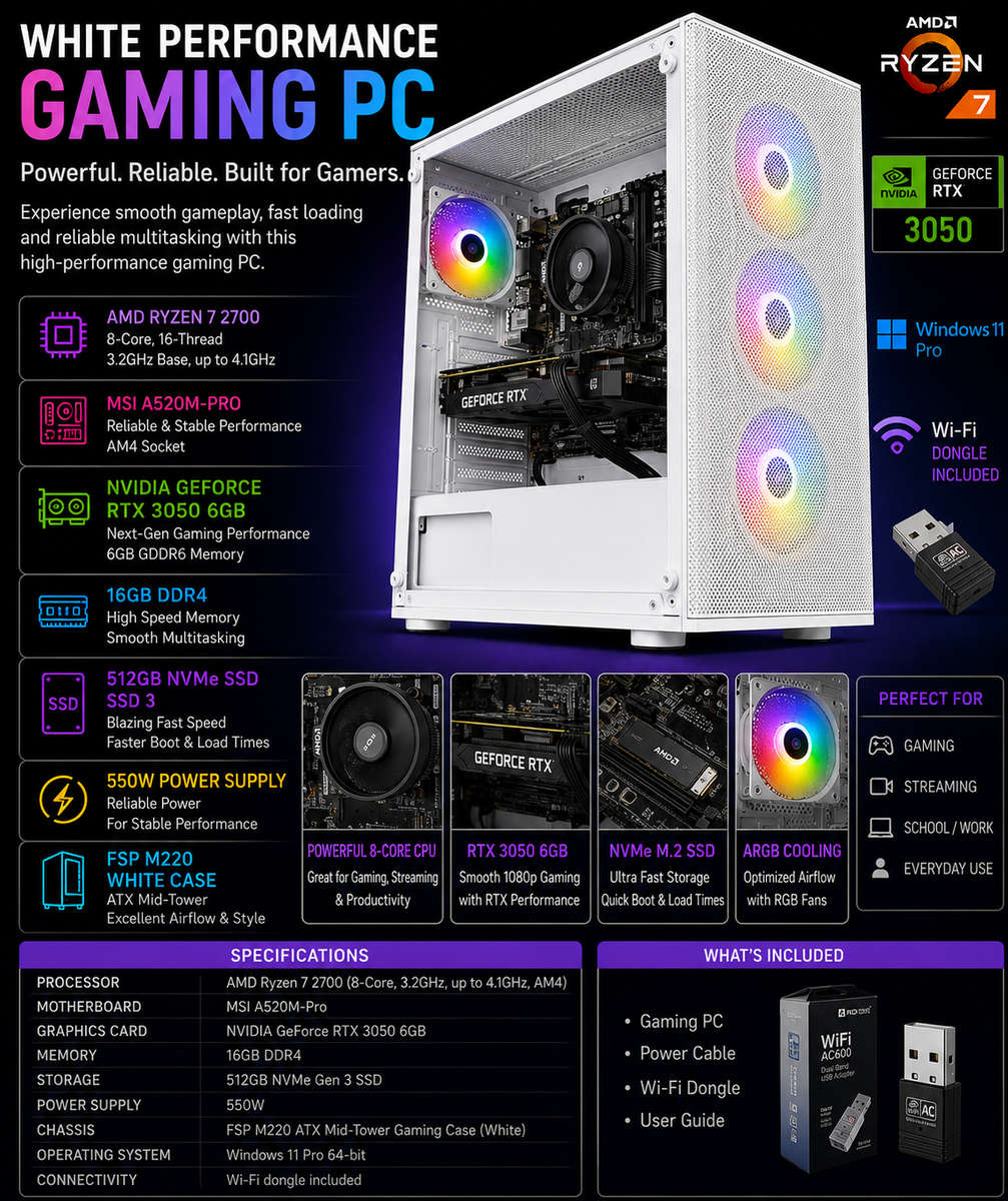 White M220 AMD Ryzen 7 RTX 3050 Gaming PC