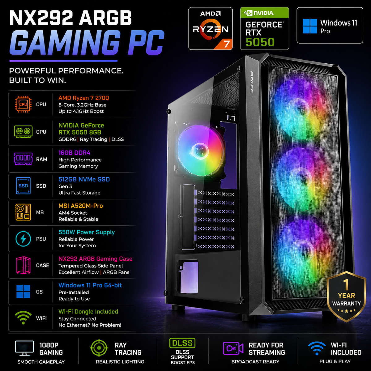 NX292 ARGB Ryzen 7 RTX 5050 Gaming PC