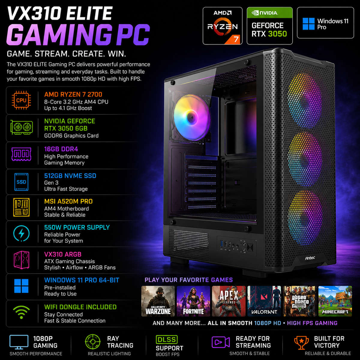 VX310 ELITE AMD Ryzen 7 RTX 3050 Gaming PC