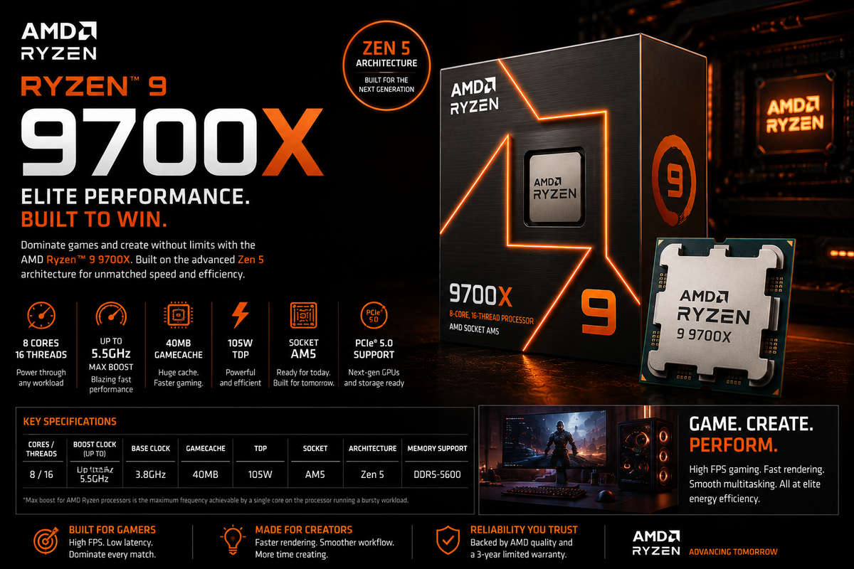 AMD Ryzen 7 9700X Desktop Processor | 8-Core, 16-Thread | AM5 | Zen 5