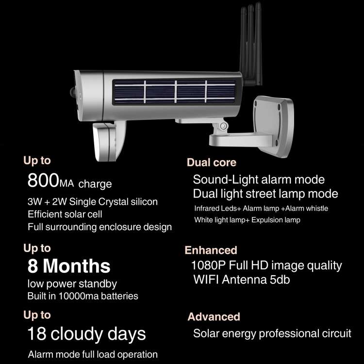 T8 1080P Full HD Solar Battery Ultra Low Power Sound Light Alarm Network Camera, Support Motion D...