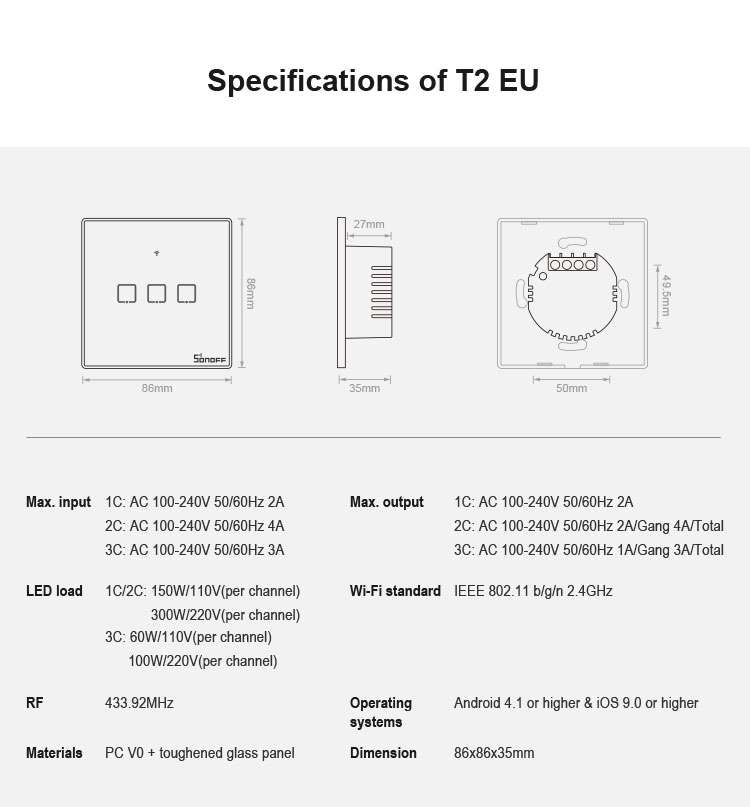 Sonoff T2 Touch 86mm Tempered Glass Panel Wall Switch Smart Home Light Touch Switch, Compatible w...