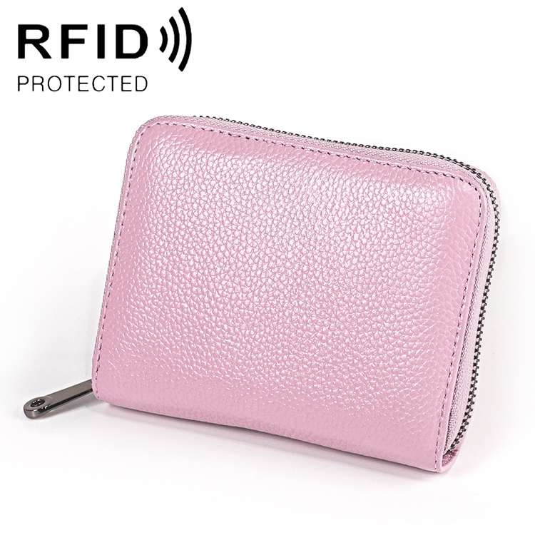 KB195 Zipper Cowhide Leather Double Row Organ Shape Multiple Card Slots Anti-magnetic RFID Wallet...