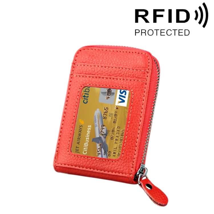 Genuine Cowhide Leather Solid Color Zipper Vertical Card Holder Wallet RFID Blocking Card Bag Pro...