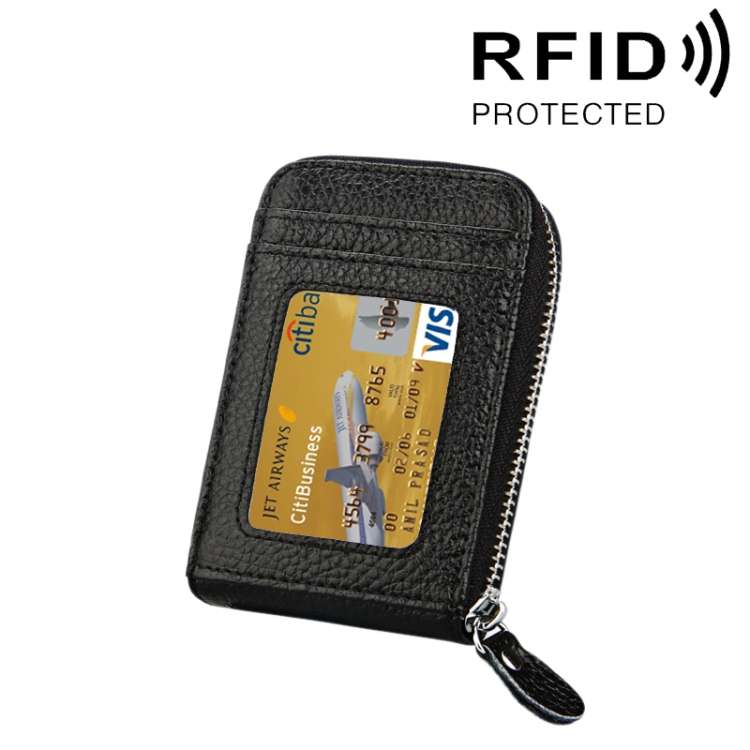 Genuine Cowhide Leather Solid Color Zipper Vertical Card Holder Wallet RFID Blocking Card Bag Pro...