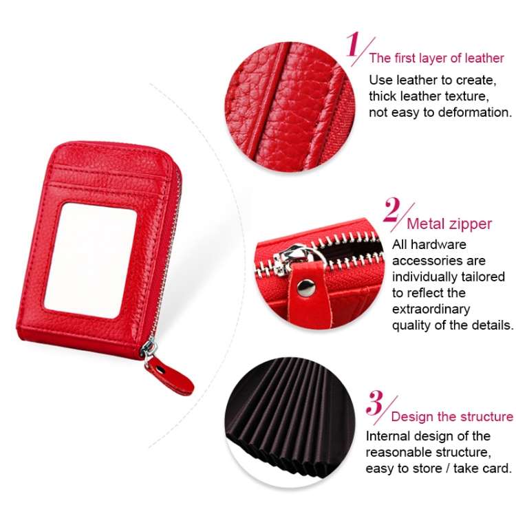 Genuine Cowhide Leather Solid Color Zipper Vertical Card Holder Wallet RFID Blocking Card Bag Pro...
