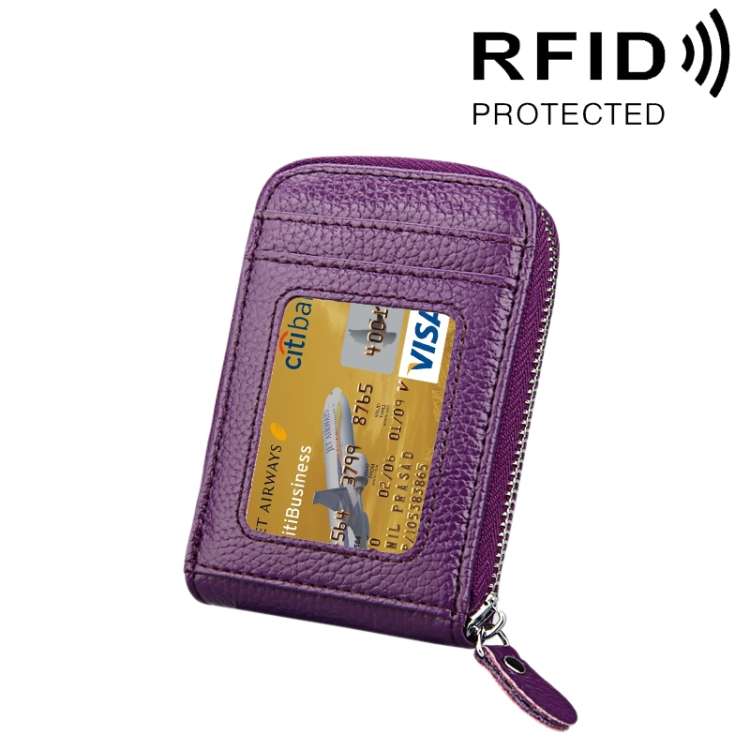 Genuine Cowhide Leather Solid Color Zipper Vertical Card Holder Wallet RFID Blocking Card Bag Pro...