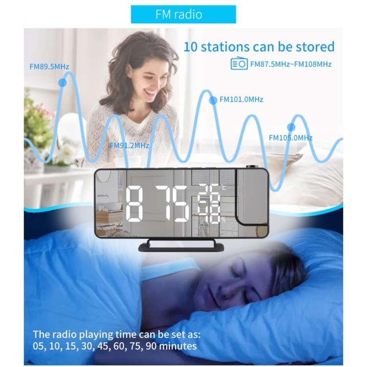 TS-9210 Digital Mirror Projection Alarm Clock With FM Radio &amp; Temperature Humidity