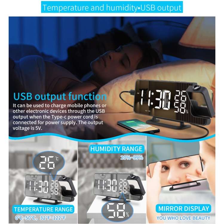 TS-9210 Digital Mirror Projection Alarm Clock With FM Radio &amp; Temperature Humidity