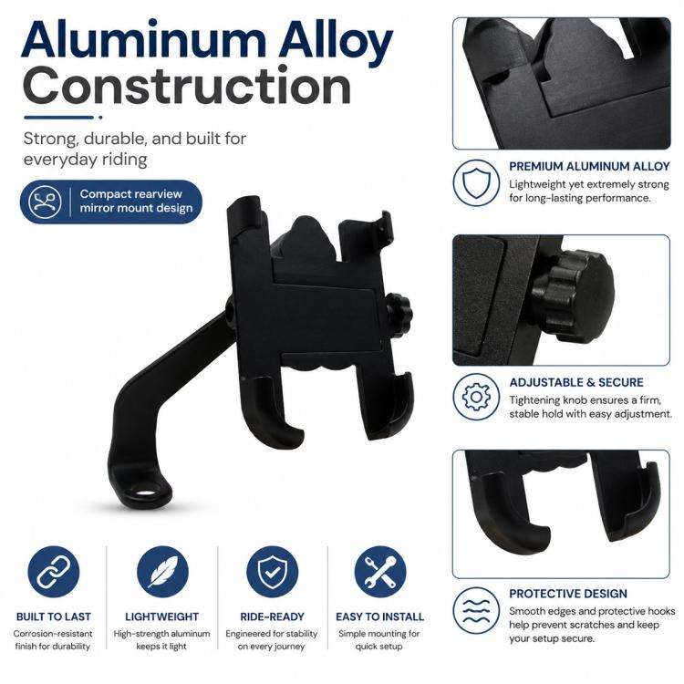 Motorcycle Rear View Mirror Aluminum Alloy Phone Bracket, Suitable for 60-100mm Device, Rear View...