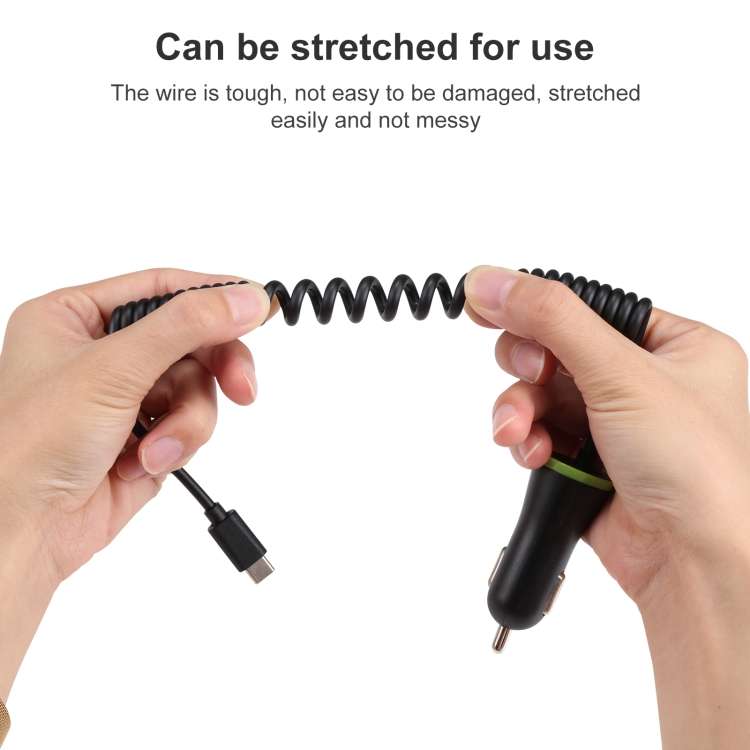 17W 3.4A Mini USB Car Charger with USB-C / Type-C Spring Cable