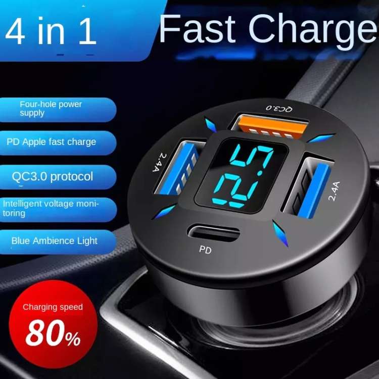 4 in 1 USB 66W Digital Display Car Super Fast Charger