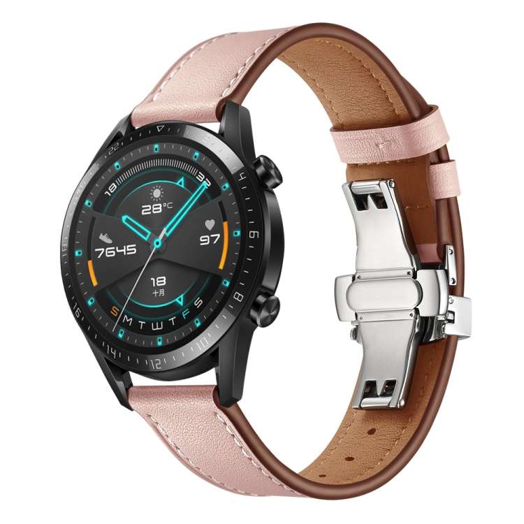 22mm Universal Butterfly Buckle Leather Replacement Strap Watchband, Silver Buckle