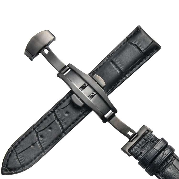 Classic Cowhide Leather Black Butterfly Buckle Replacement Strap Watchband, 14mm, 16mm, 18mm, 20m...