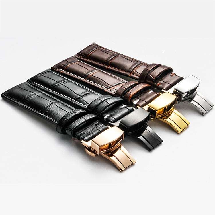 Classic Cowhide Leather Black Butterfly Buckle Replacement Strap Watchband, 14mm, 16mm, 18mm, 20m...