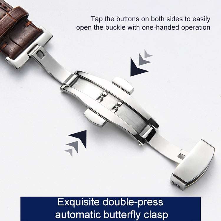 Classic Cowhide Leather Black Butterfly Buckle Replacement Strap Watchband, 14mm, 16mm, 18mm, 20m...