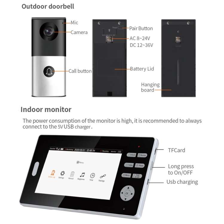2.4G Wireless Video Doorbell 720P Support Night Vision &amp; Talk &amp; Monitor
