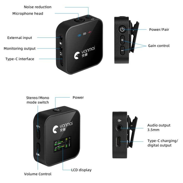 Yanmai GF525 2 in 1 Broadcast 2.4G Wireless Lavalier Microphone Mini Clip-on Mic with LED Display
