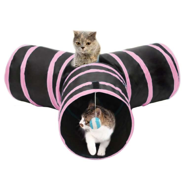 Foldable 3 Exits Exercising Cat Tunnel with A Hanging Ball, Tunnel Exits:3 Pink