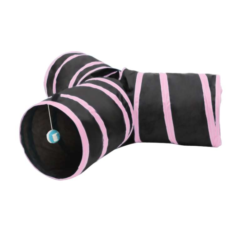 Foldable 3 Exits Exercising Cat Tunnel with A Hanging Ball, Tunnel Exits:3 Pink