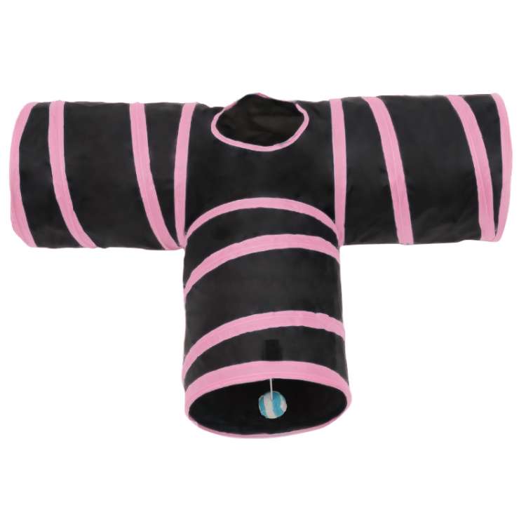 Foldable 3 Exits Exercising Cat Tunnel with A Hanging Ball, Tunnel Exits:3 Pink