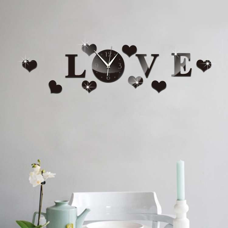 Creative LOVE Clock Acrylic Mirror DIY Wall Sticker, LOVE Clock Acrylic Mirror (Black), LOVE Cloc...