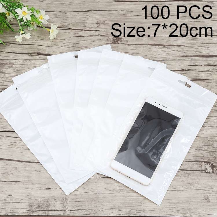100 PCS 7cm x 20cm Hang Hole Clear Front White Pearl Jewelry Zip Lock Packaging Bag, Custom Print...