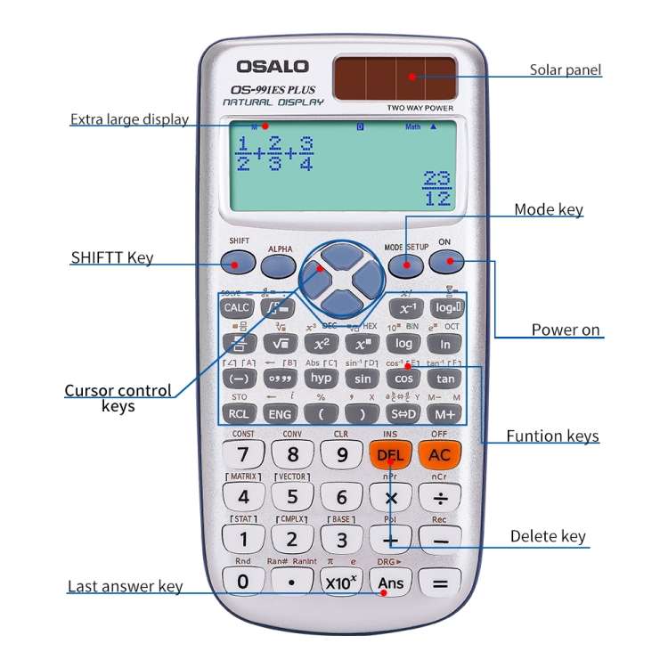 OSALO OS-991ES PLUS 10+2 Digits Multi-functional Student Function Scientific Calculator Solar Ene...