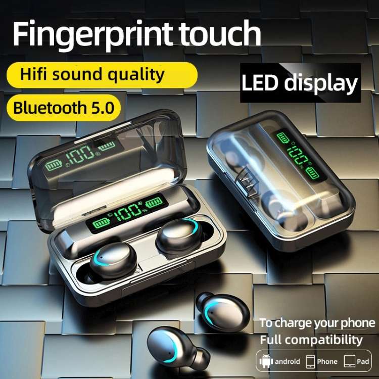 F9-5C LED Light + Digital Display Noise Reduction Bluetooth Earphone with Hand Strap, F9-5C LED L...