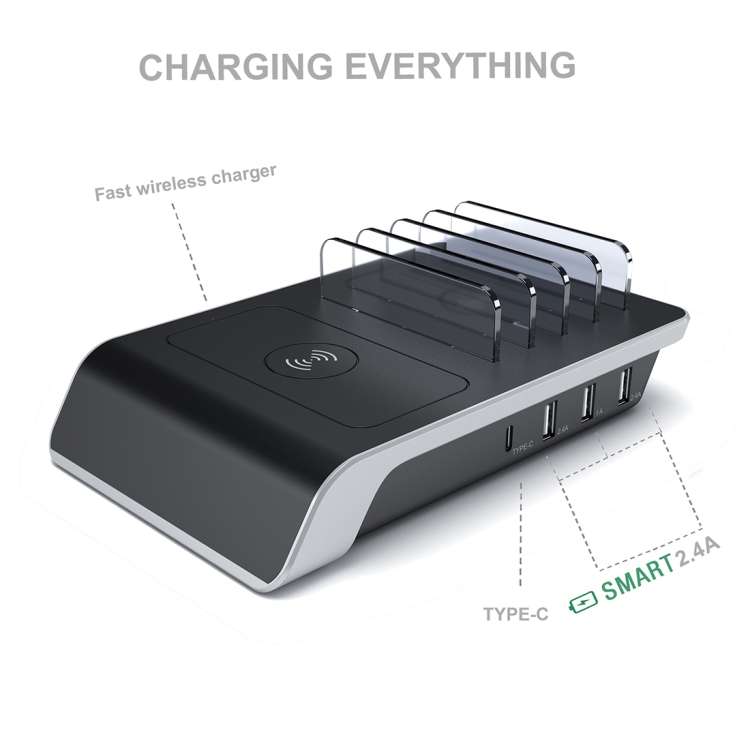 UD09 4 USB Ports Qi Standard Wireless Charger Phone Desktop Stand Holder, UK Plug