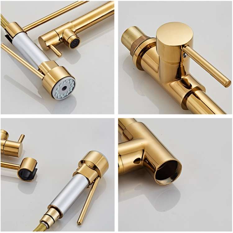 Copper Pull Type Large Spring Double Outlet Kitchen Sink Hot Cold Faucet