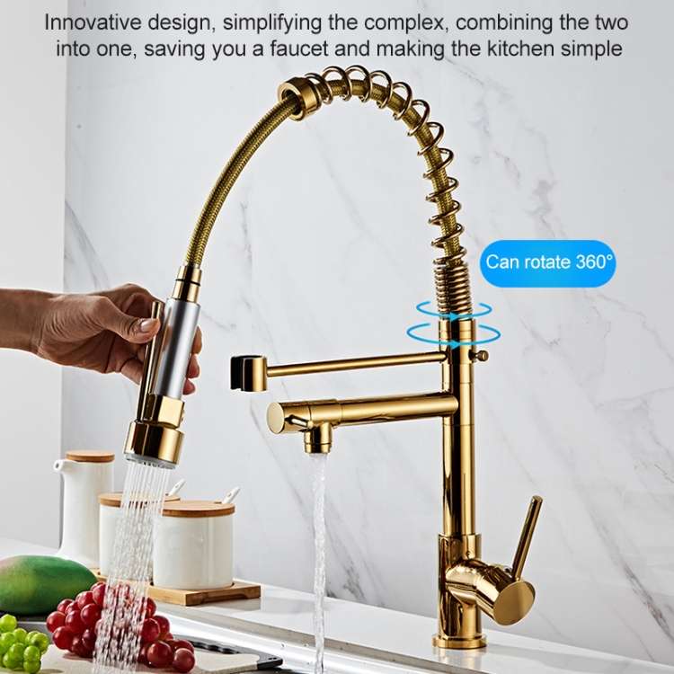 Copper Pull Type Large Spring Double Outlet Kitchen Sink Hot Cold Faucet