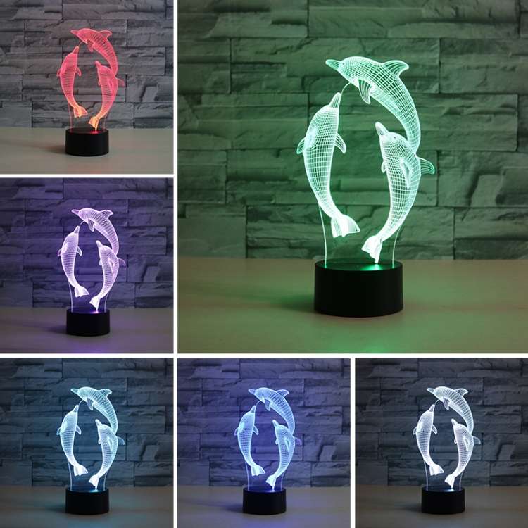 Three Dolphins Shape 3D Colorful LED Vision Light Table Lamp, USB &amp; Battery Version