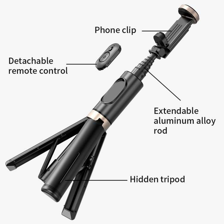 Q12 Hidden Design Reinforced Bluetooth Remote Control Tripod Selfie Stick, Q12 (Black)