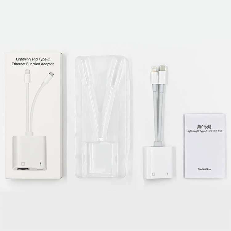 NK-1035 Pro 2 in 1 USB-C / Type-C + 8 Pin Male to RJ45 + 8 Pin Charging Female Interface Adapter