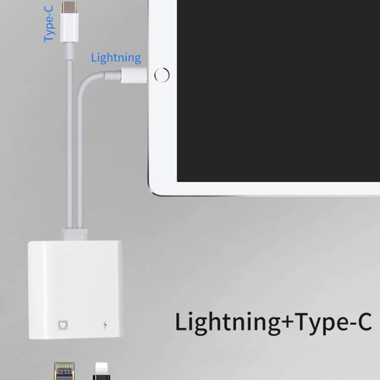 NK-1035 Pro 2 in 1 USB-C / Type-C + 8 Pin Male to RJ45 + 8 Pin Charging Female Interface Adapter