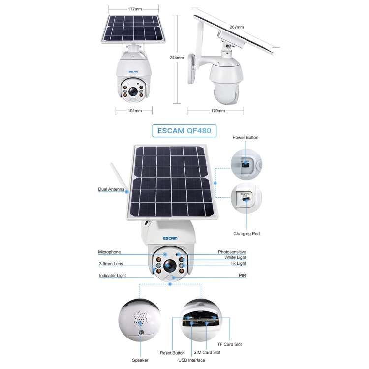 ESCAM QF480 US Version HD 1080P IP66 Waterproof 4G Solar Panel PT IP Camera without Battery, Supp...
