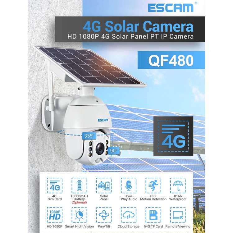 ESCAM QF480 US Version HD 1080P IP66 Waterproof 4G Solar Panel PT IP Camera without Battery, Supp...