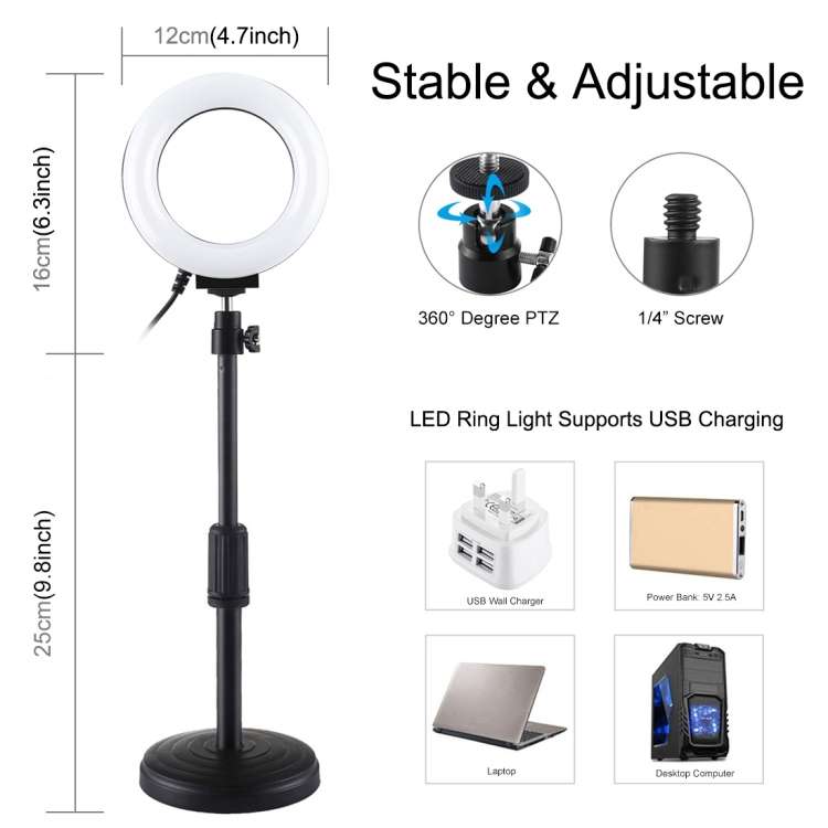 PULUZ Round Base Desktop Holder + 4.7 inch 12cm 3 Modes USB Dimmable LED Ring Vlogging Video Ligh...