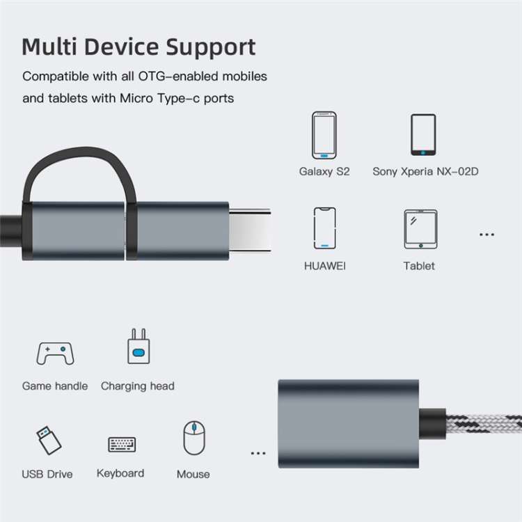 USB 3.0 Female to Micro USB + USB-C / Type-C Male Charging + Transmission OTG Nylon Braided Adapt...