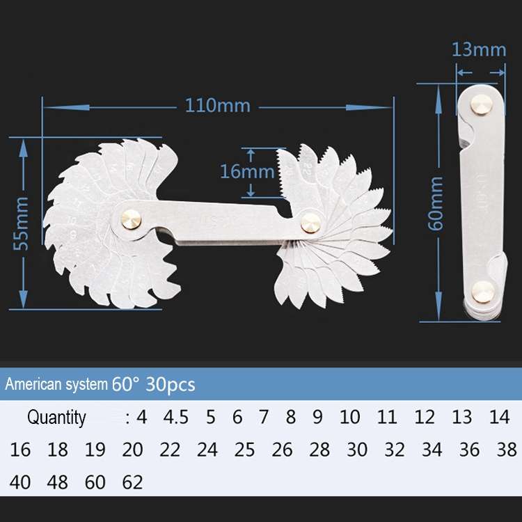 30 PCS US Screw Pitch Thread Blades 60 Degrees CR Stainless Steel Thread Gauge