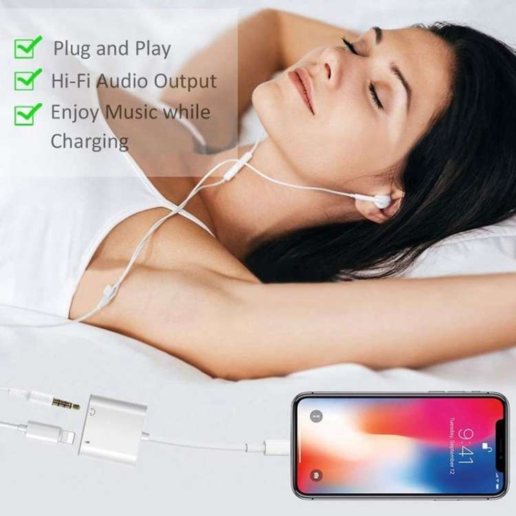 ZS-KL21804 2 in 1 8 Pin to 3.5mm Audio + 8 Pin Charging Interface, Earphone Adapter, Suitable for...