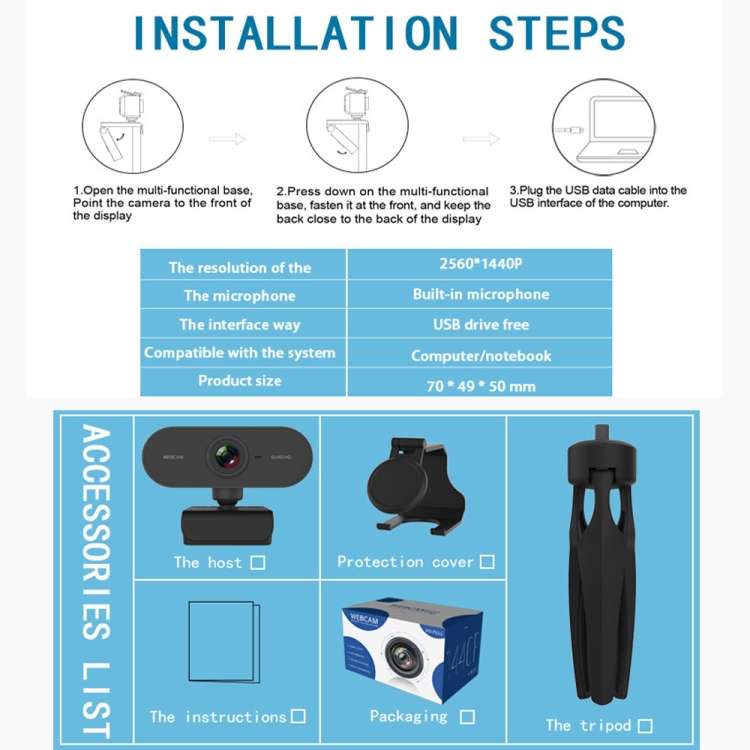 B1 4 Million Pixels 2K Resolution HD 1080P 360 Degrees Rotation Webcam with Mic &amp; Tripod