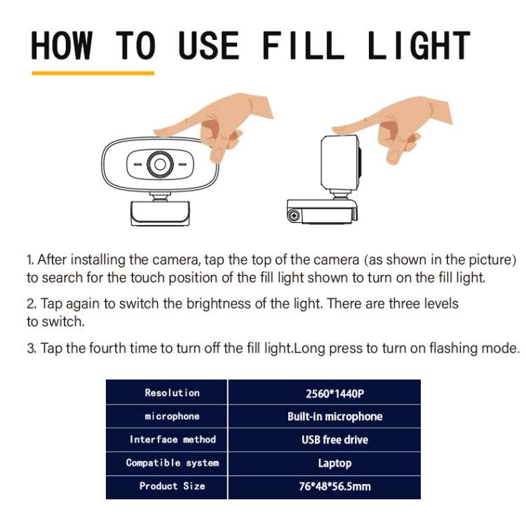 C10 2K HD Without Distortion 360 Degrees Rotate Three-speed Fill Light USB Free Drive Webcams, Bu...