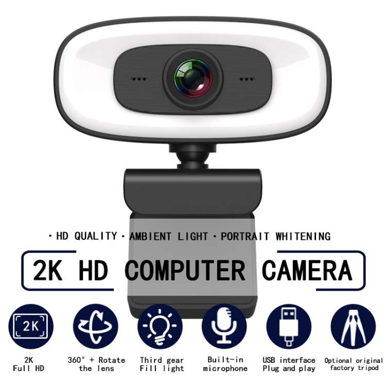 C10 2K HD Without Distortion 360 Degrees Rotate Three-speed Fill Light USB Free Drive Webcams, Bu...